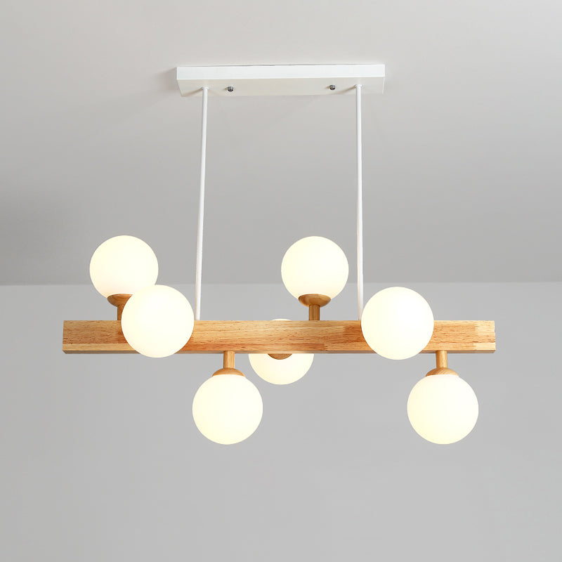 Opal Glass Globe Hanging Lamp Simplicity 7 Heads Island Chandelier Light in Wood for Dining Room