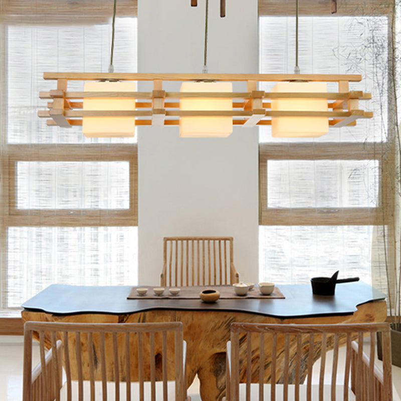 Cube Restaurant Island Light Fixture Blown Glass 3 Bulbs Japanese Ceiling Pendant Light in Wood