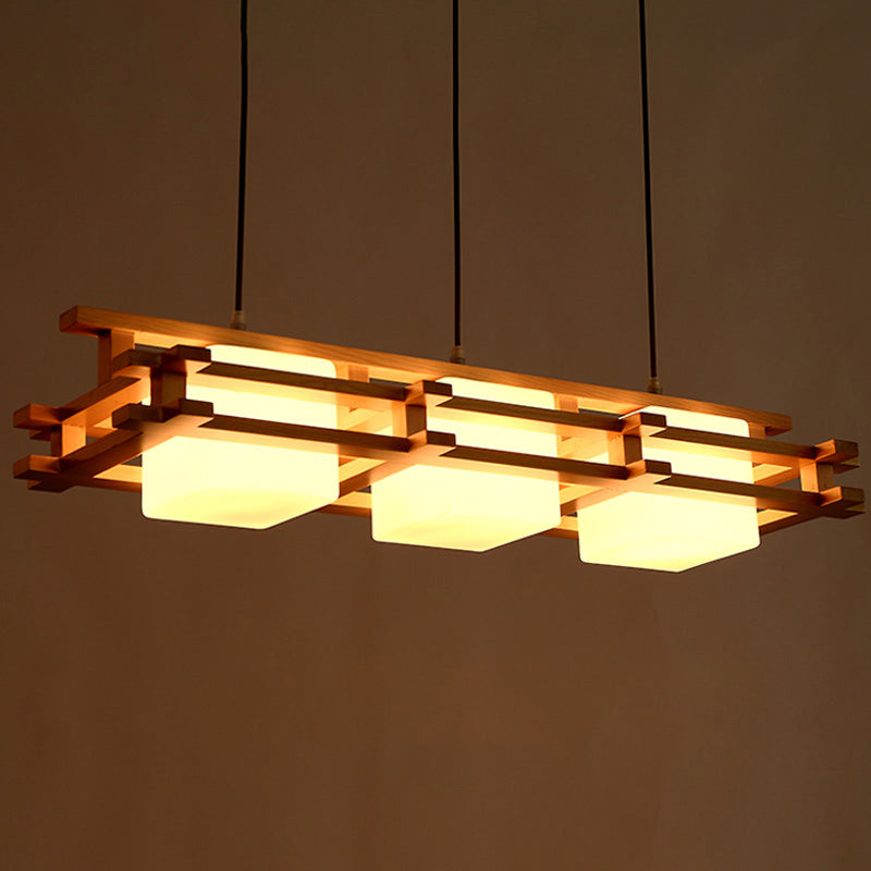 Cube Restaurant Island Light Fixture Blown Glass 3 Bulbs Japanese Ceiling Pendant Light in Wood