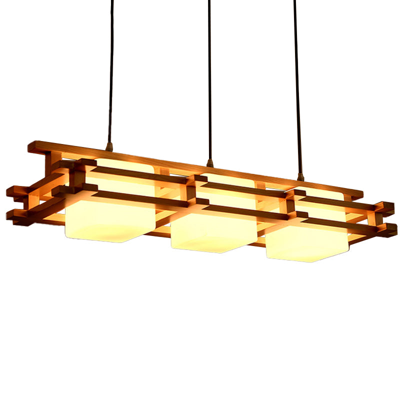 Cube Restaurant Island Light Fixture Blown Glass 3 Bulbs Japanese Ceiling Pendant Light in Wood