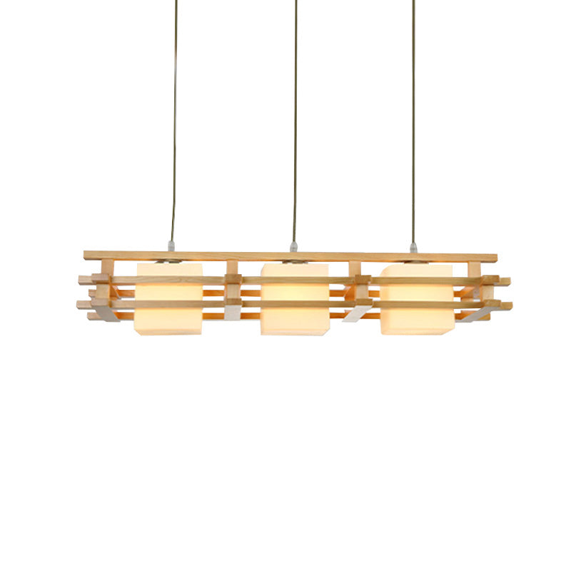 Cube Restaurant Island Light Fixture Blown Glass 3 Bulbs Japanese Ceiling Pendant Light in Wood