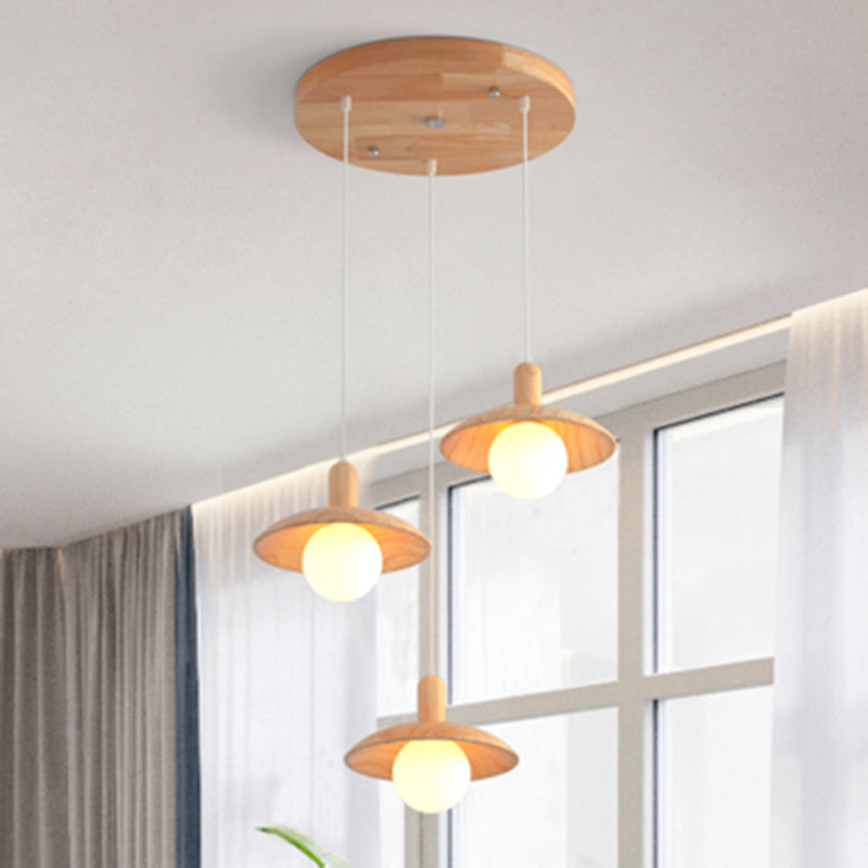 Funnel Shade Restaurant Multi Light Pendant Wood 3 Bulbs Minimalist Hanging Lighting