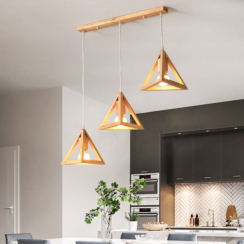 Geometric Dining Room Multi Ceiling Light Wood 3 Bulbs Minimalist Hanging Pendant Light