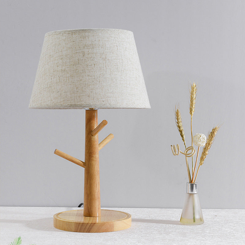 Wood Tree Branch Nightstand Lamp Minimalist 1 Head Bedside Table Lighting with Tapered Fabric Shade in White