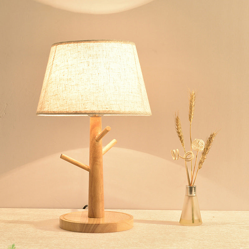 Wood Tree Branch Nightstand Lamp Minimalist 1 Head Bedside Table Lighting with Tapered Fabric Shade in White