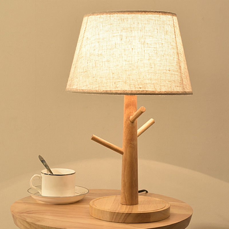 Wood Tree Branch Nightstand Lamp Minimalist 1 Head Bedside Table Lighting with Tapered Fabric Shade in White