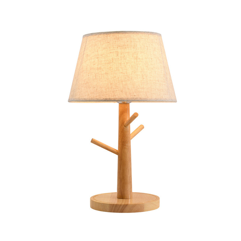 Wood Tree Branch Nightstand Lamp Minimalist 1 Head Bedside Table Lighting with Tapered Fabric Shade in White