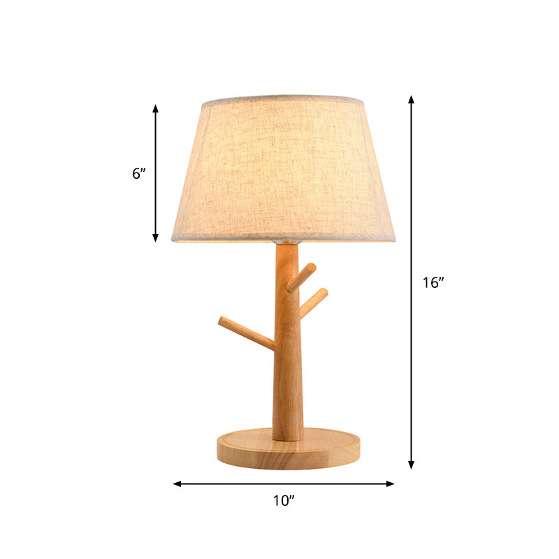 Wood Tree Branch Nightstand Lamp Minimalist 1 Head Bedside Table Lighting with Tapered Fabric Shade in White
