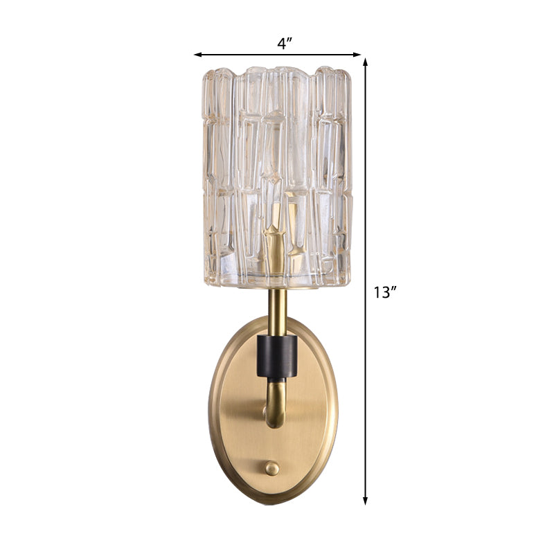 1/2-Head Bedside Wall Sconce Contemporary Style Brass Wall Lighting with Cylinder Clear Crystal Shade
