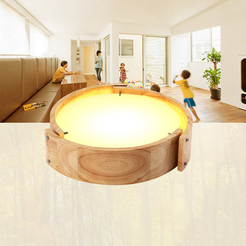 Drum Shaped Bedroom Flush Mount Lighting Wood Minimalist LED Flush Mount Fixture with Acrylic Shade