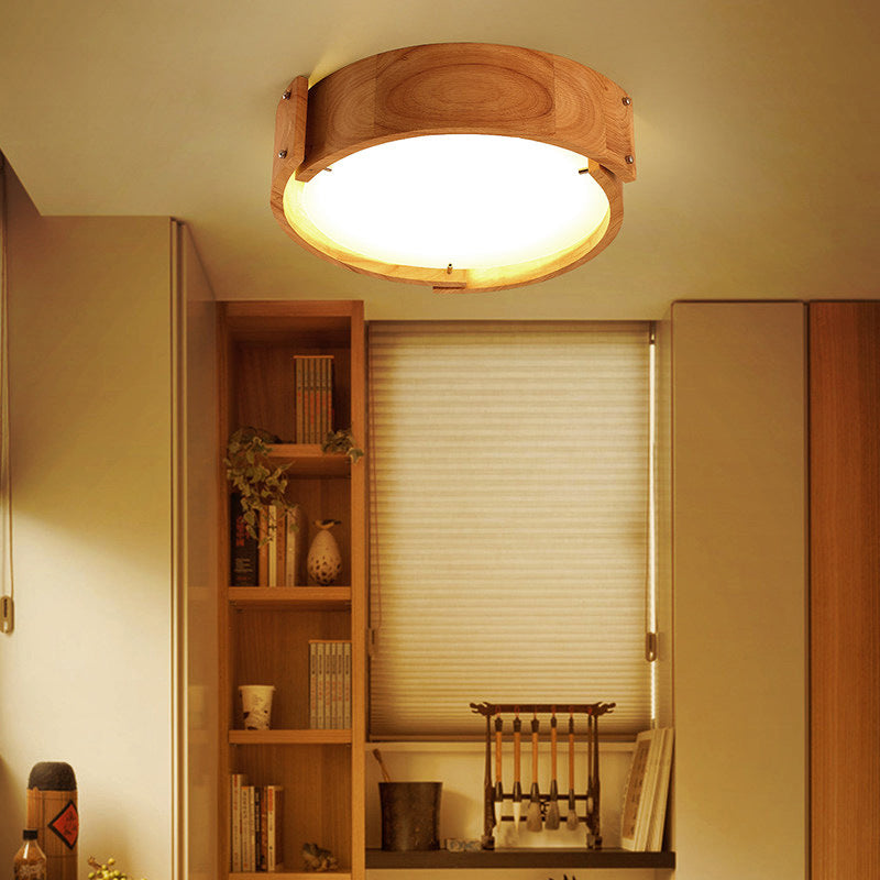 Drum Shaped Bedroom Flush Mount Lighting Wood Minimalist LED Flush Mount Fixture with Acrylic Shade