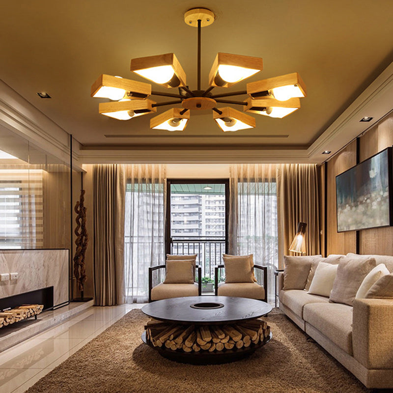 Trapezoid Frame Living Room Suspension Light Wood Minimalist Chandelier Lighting Fixture