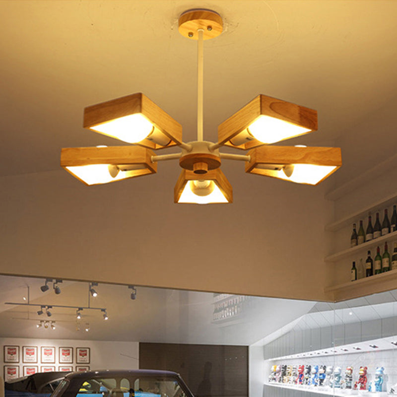Trapezoid Frame Living Room Suspension Light Wood Minimalist Chandelier Lighting Fixture