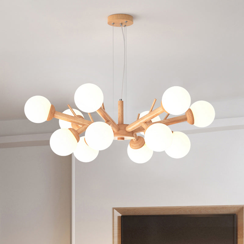 Wood Branch Ceiling Lighting Simplicity Chandelier Light Fixture with Globe Frosted Glass Shade