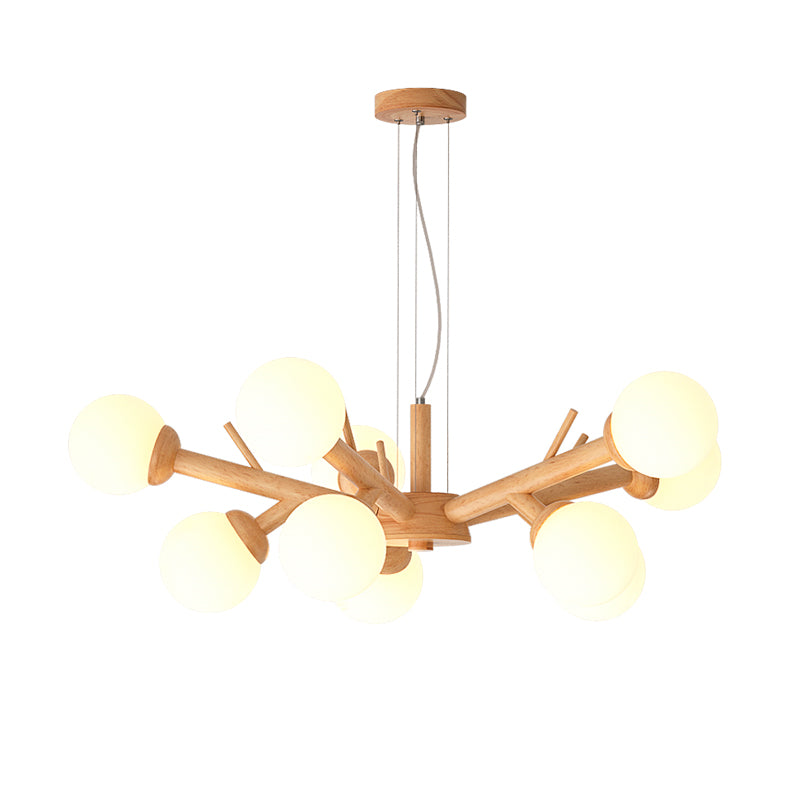 Wood Branch Ceiling Lighting Simplicity Chandelier Light Fixture with Globe Frosted Glass Shade