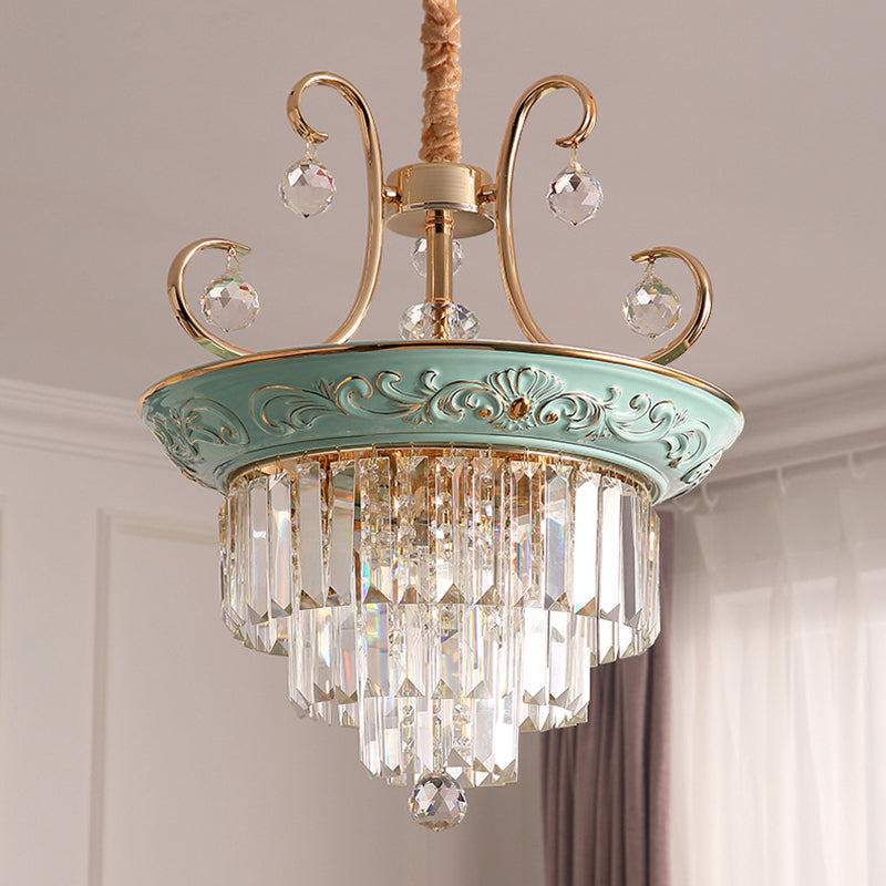 3 Bulbs Tiered Ceiling Chandelier Modernism Crystal Hanging Pendant Light in White/Green