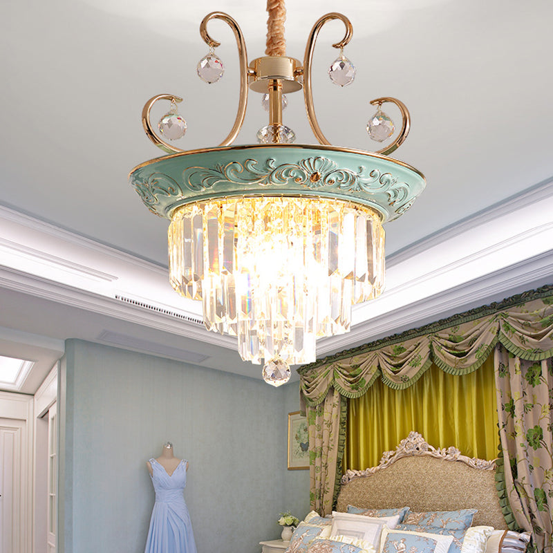 3 Bulbs Tiered Ceiling Chandelier Modernism Crystal Hanging Pendant Light in White/Green