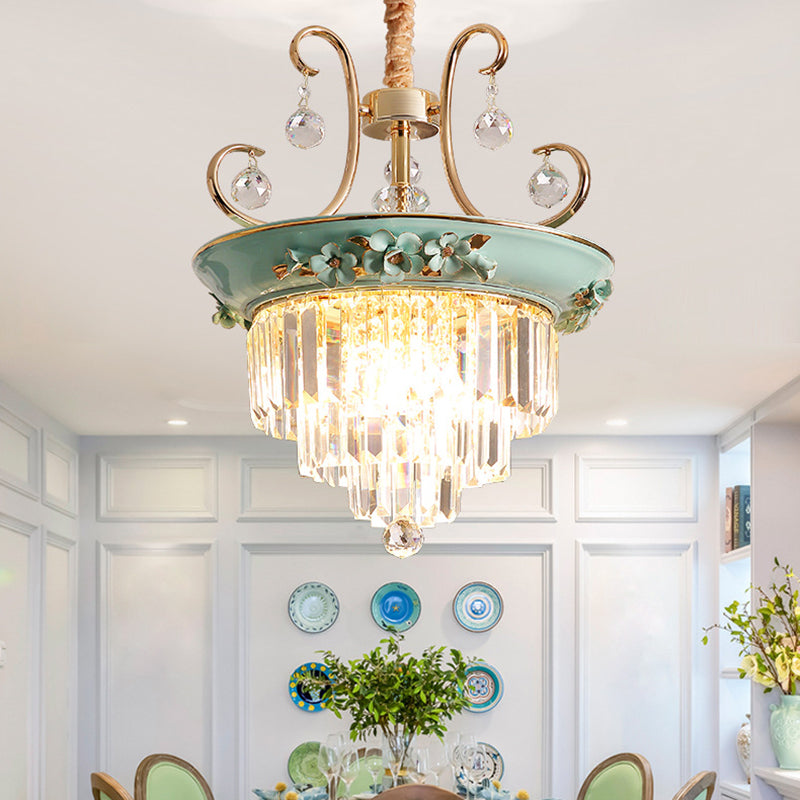 3 Bulbs Tiered Ceiling Chandelier Modernism Crystal Hanging Pendant Light in White/Green