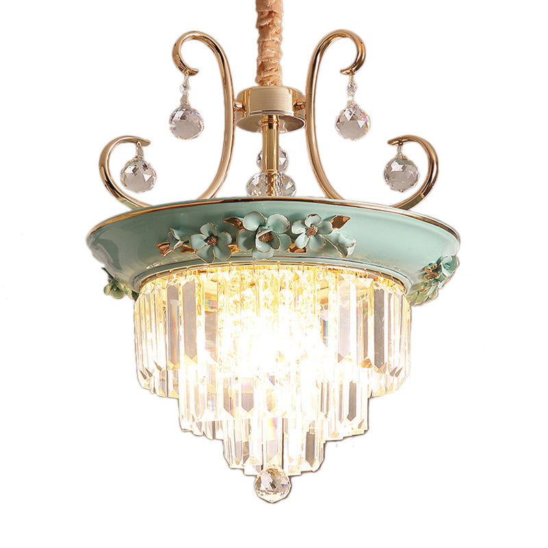 3 Bulbs Tiered Ceiling Chandelier Modernism Crystal Hanging Pendant Light in White/Green