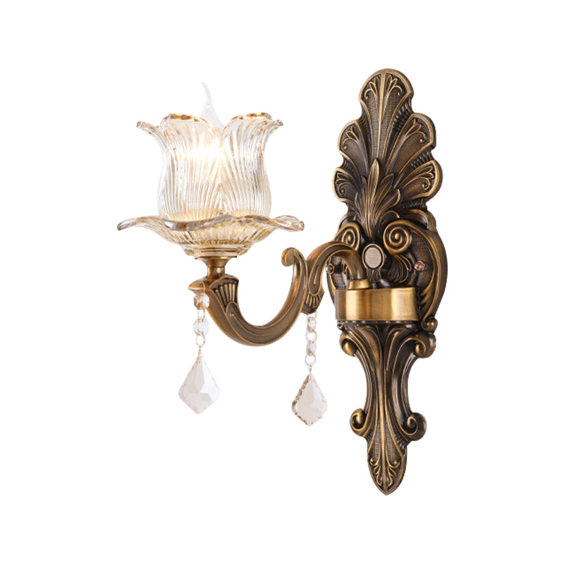 1/2-Light Living Room Wall Mount Lamp Vintage Style Brass Sconce Lighting with Petal Clear Textured Glass Shade