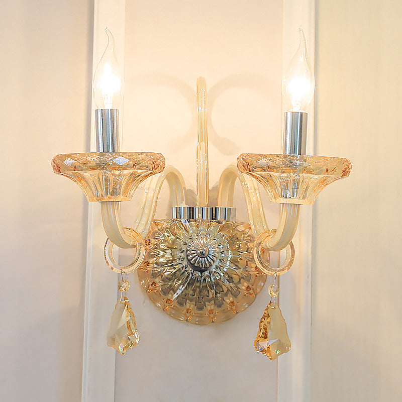 Kale lampwand sconce vintage stijlvolle barnsteen kristal 2 koppen chroom afwerking wandverlichting voor gang