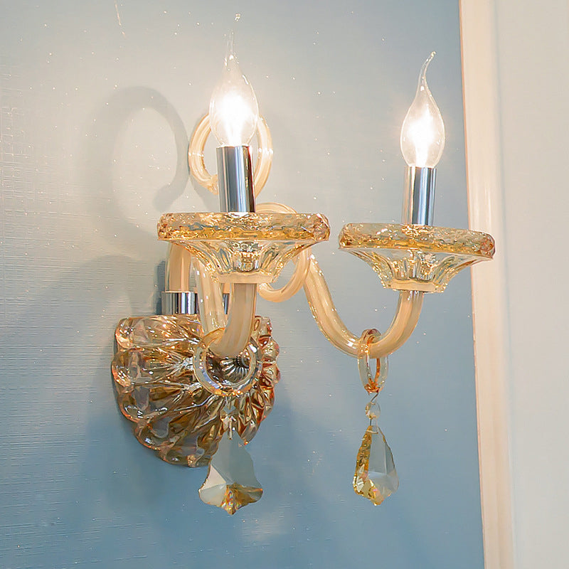 Kale lampwand sconce vintage stijlvolle barnsteen kristal 2 koppen chroom afwerking wandverlichting voor gang