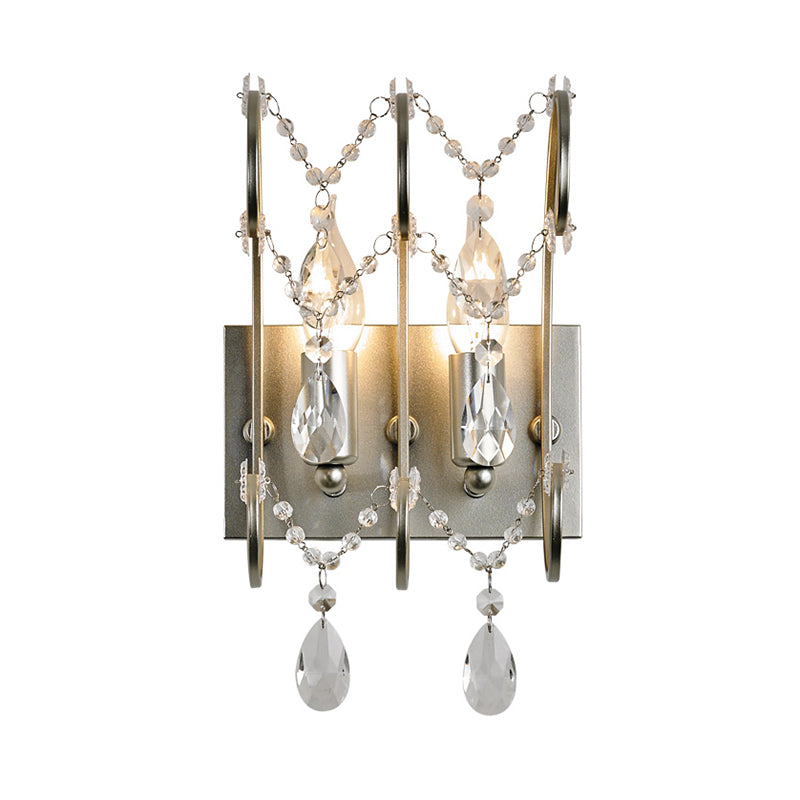 Exposed Sconce Lighting Vintage Metallic 2 Bulbs Chrome Wall Mount Light with Clear Crystal Bead Deco for Living Room