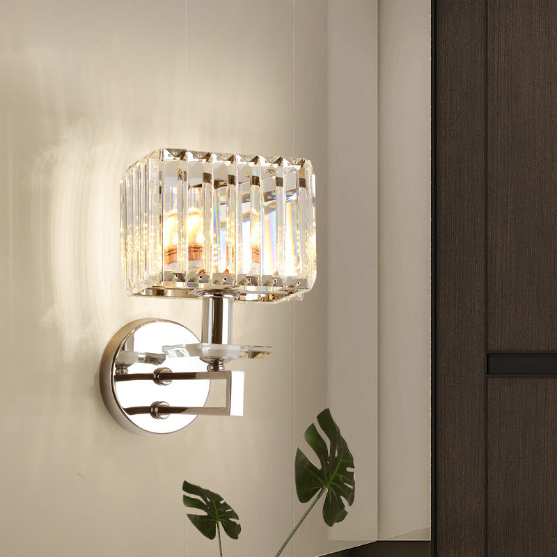 Cubic Wall Light Contemporary Metal 1 Light Chrome Finish Wall Sconce Fixture with Clear Crystal Block