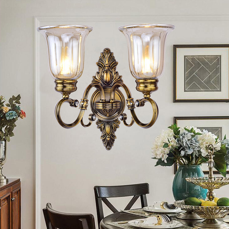 1/2-Light Clear Glass Wall Light Traditional Bronze Bell Shade Dining Room Sconce Light with Curvy Arm