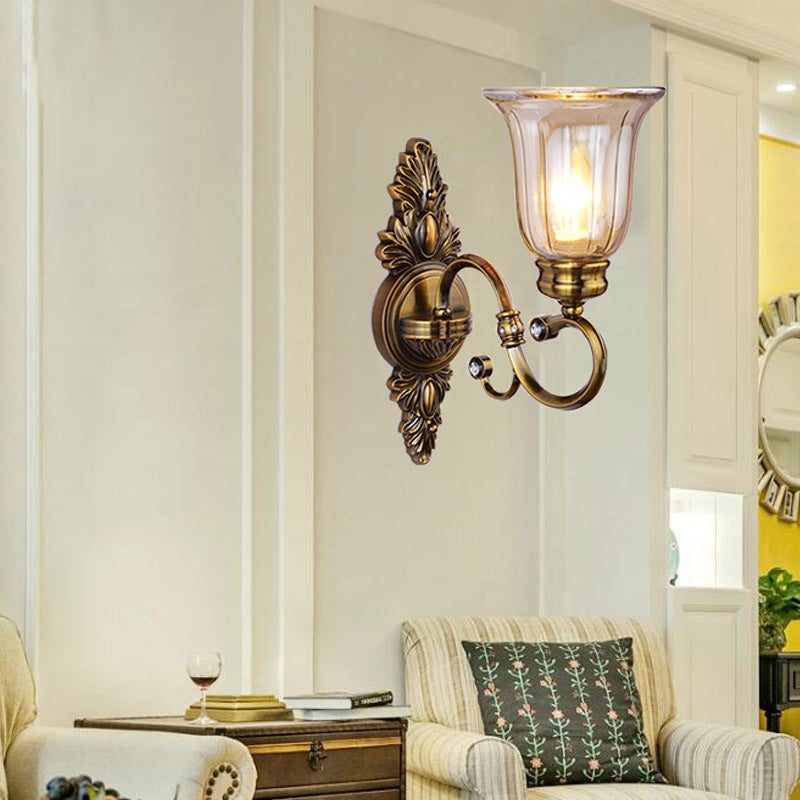 1/2-Light Clear Glass Wall Light Traditional Bronze Bell Shade Dining Room Sconce Light with Curvy Arm