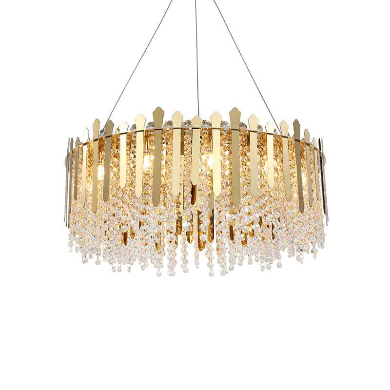 6 Lights Living Room Hanging Light Kit Brass Chandelier Light with Drum Crystal Strand Shade