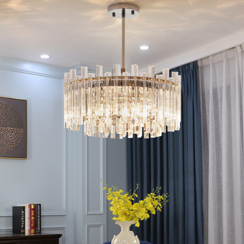 5 Lights Dining Room Chandelier Light Modern Chrome Hanging Light with Round/Rectangle Prism Crystal