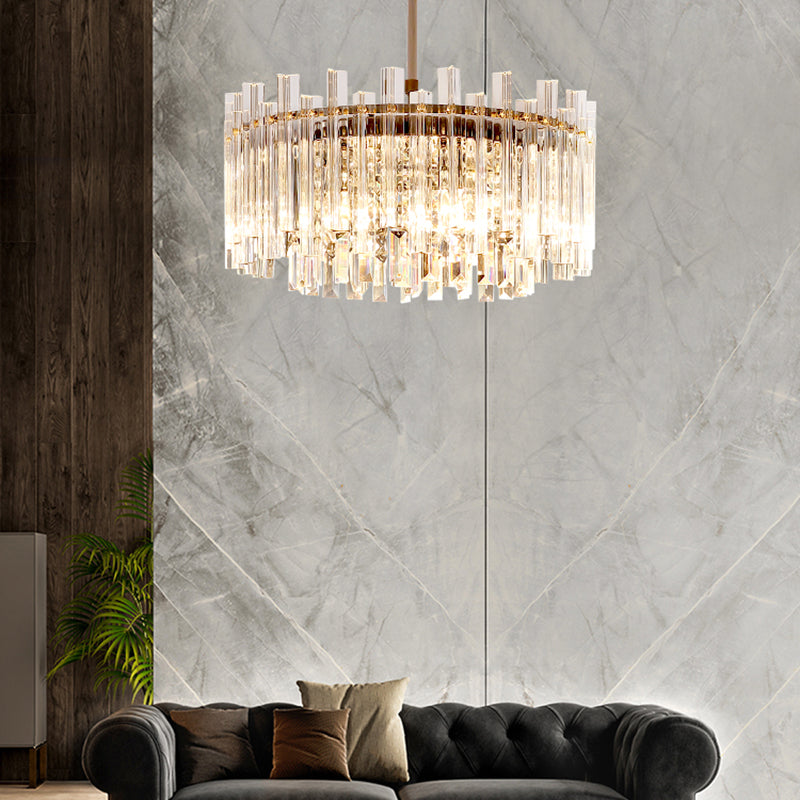 5 Lights Dining Room Chandelier Light Modern Chrome Hanging Light with Round/Rectangle Prism Crystal