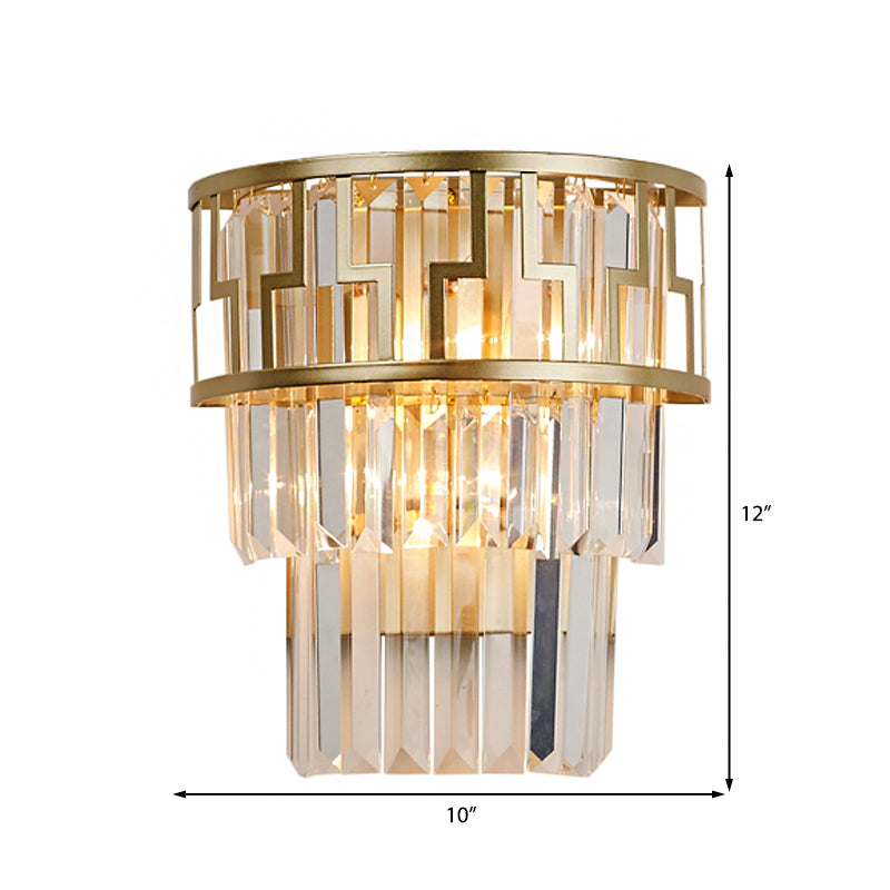 Modernism Layered Wall Lamp Clear Crystal 2 Lights Bedside Wall Sconce Fixture in Brass