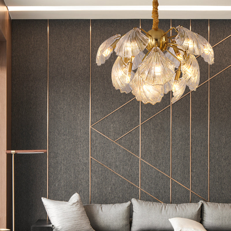 Shell Shape Chandelier Light Modernism Prism Glass 13/15 Lights Brass Ceiling Light, 23.5"/27" Wide