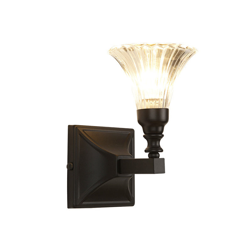 1-Light Wall Mount Lamp Retro Flower Clear Fluted Glass Sconce Light with Clean-Lined Arm in Black for Porch