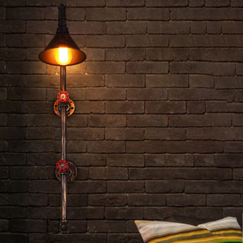 Single Wall Mount Light Industrial Funnel Iron Wall Light Fixture with Decorative Water Valve in Rust