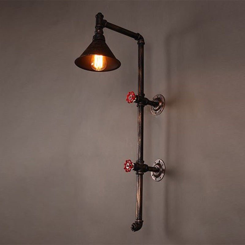 Single Wall Mount Light Industrial Funnel Iron Wall Light Fixture with Decorative Water Valve in Rust