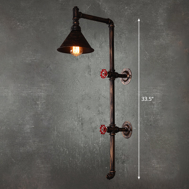 Single Wall Mount Light Industrial Funnel Iron Wall Light Fixture with Decorative Water Valve in Rust