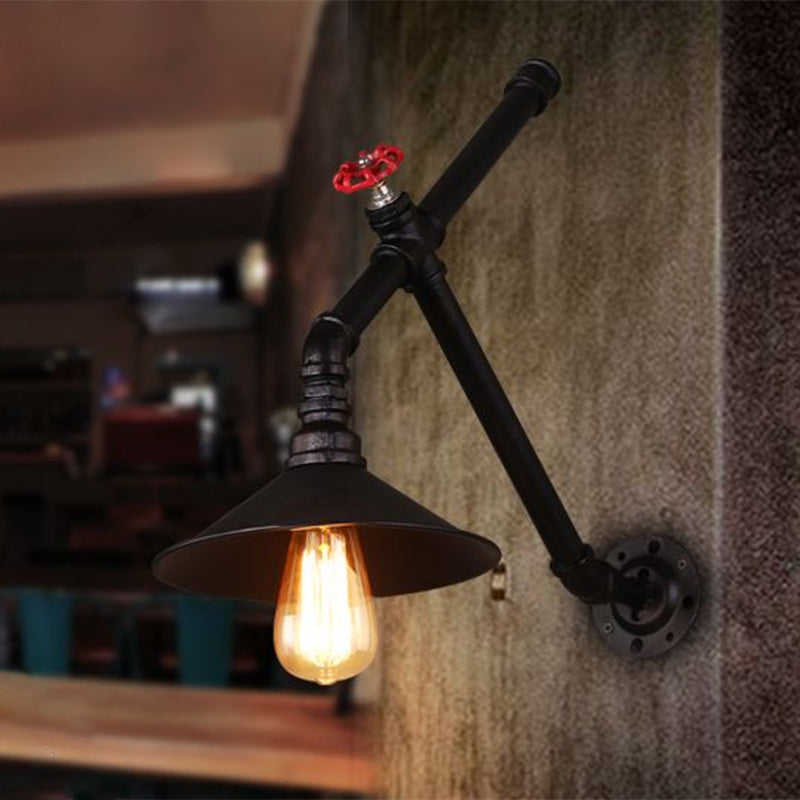 Iron Cone Wall Lamp Rustic 1 Bulb Restaurant Wall Light Fixture with Water Valve in Black