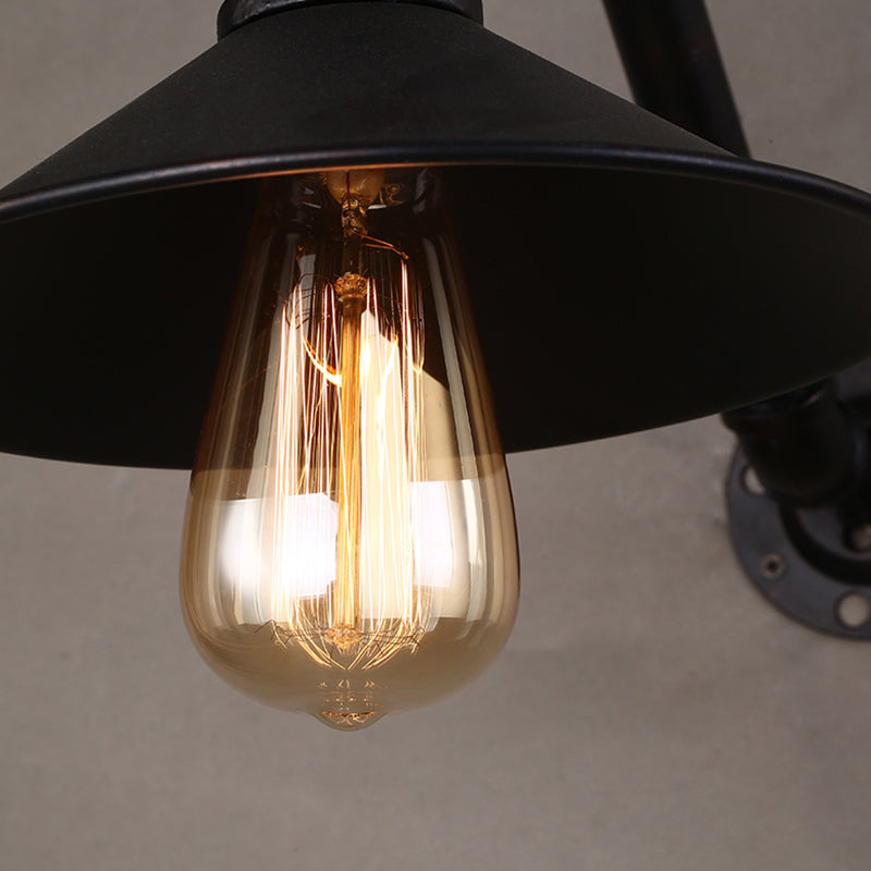 Iron Cone Wall Lamp Rustic 1 Bulb Restaurant Wall Light Fixture with Water Valve in Black