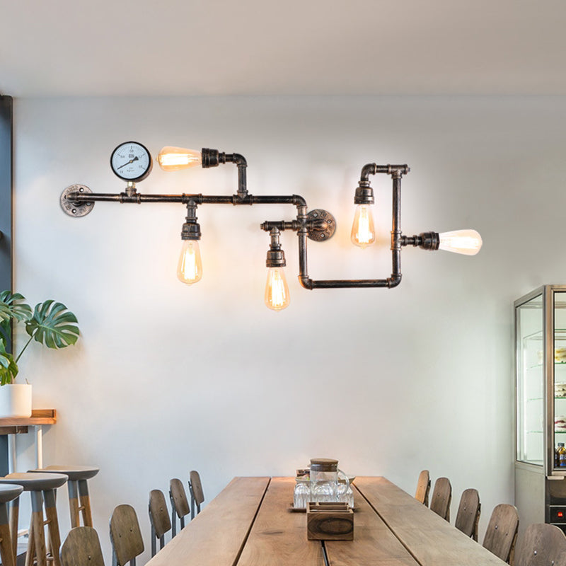 Pipada de agua Lámpara de pared de hierro Estilo rústico 5 Bulbos de luz de la pared de restaurantes con medidor de presión