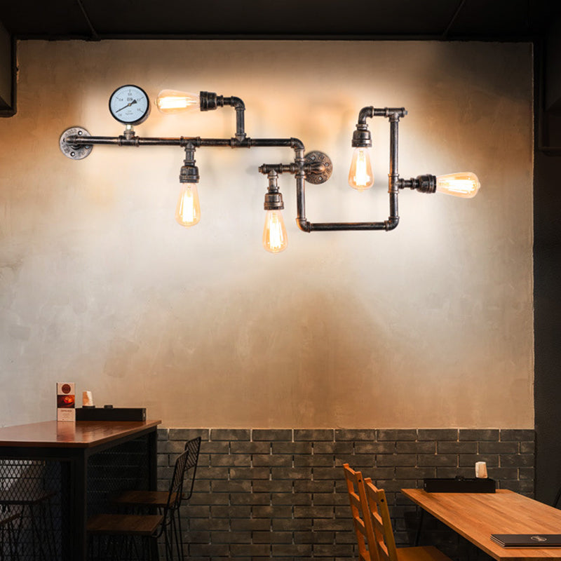 Pipada de agua Lámpara de pared de hierro Estilo rústico 5 Bulbos de luz de la pared de restaurantes con medidor de presión