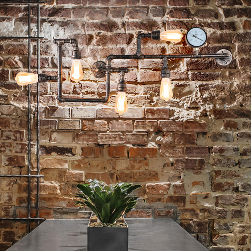 Pipada de agua Lámpara de pared de hierro Estilo rústico 5 Bulbos de luz de la pared de restaurantes con medidor de presión