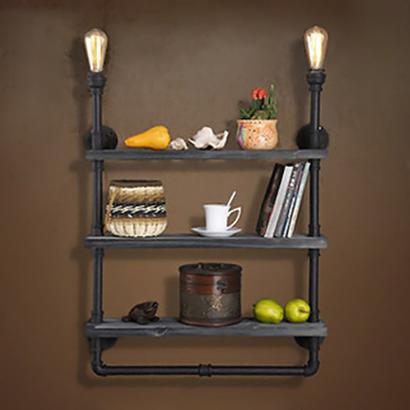 Water Pipe Shelf Iron Wall Lamp Rustic Style Restaurant Wall Light Fixture in Black