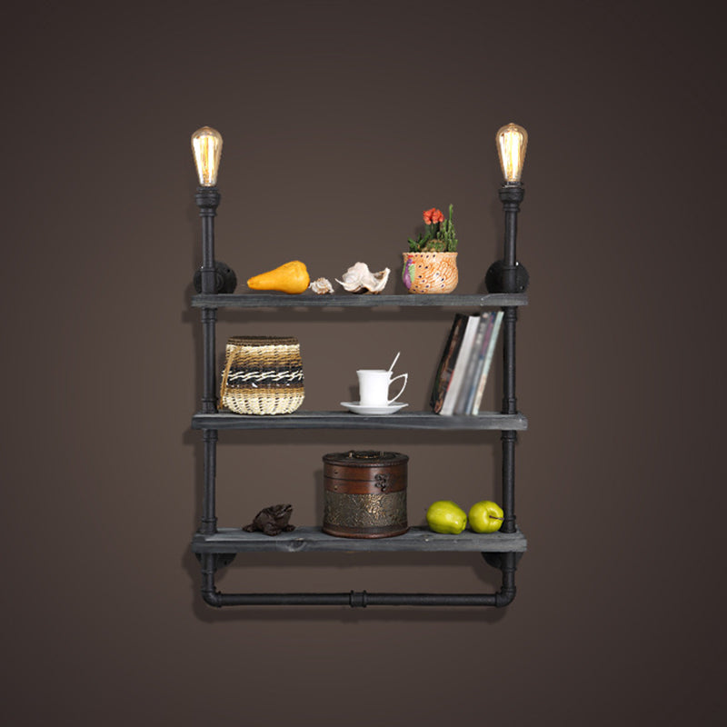 Water Pipe Shelf Iron Wall Lamp Rustic Style Restaurant Wall Light Fixture in Black
