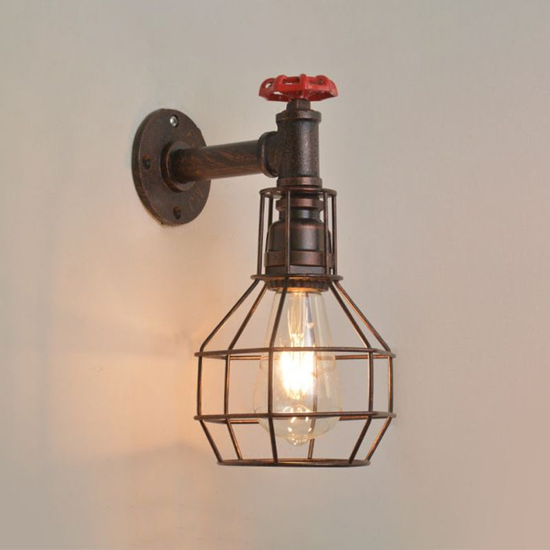 Grenade Cage Metallic Wall Light Retro 1 Head Restaurant Wall Lighting Fixture with Water Valve in Rust
