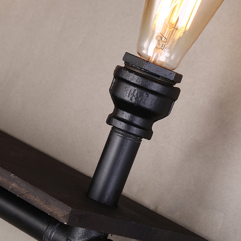 2 Heads Wall Light Retro Water Pipe Shelf Iron Wall Lighting Fixture in Black for Living Room
