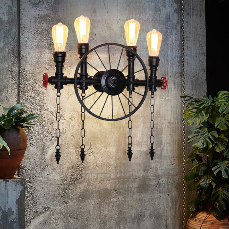 Wagon Wheel Restaurant Wall Light Retro Iron Restaurant Piping Light with Valve Decor in Black