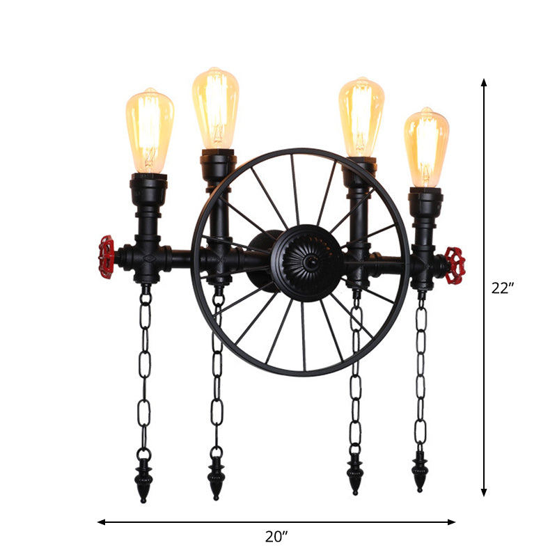 Wagon Wheel Restaurant Wall Light Retro Iron Restaurant Piping Light with Valve Decor in Black